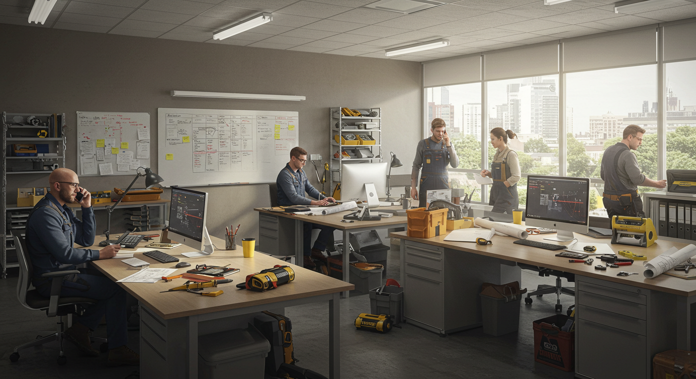 Property repair engineers working in an office environment